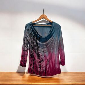 Art of Cloth S Lagenlook Art to Wear Cowl Neck Ombre 3/4 Sleeve Top